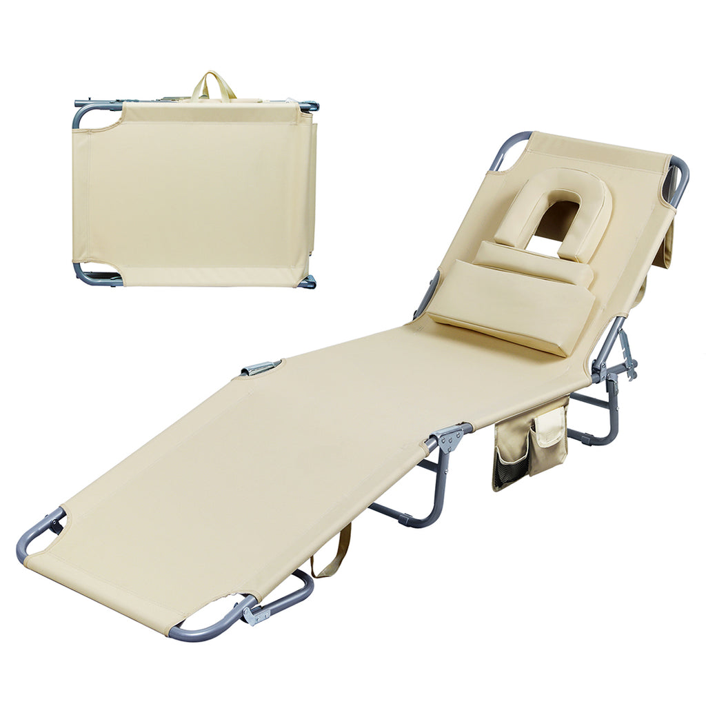 Levede Foldable Beach Lounge Chairs with Face Hole Khaki-1954802423549792256