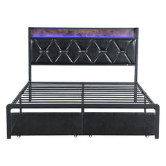 Levede Queen Metal Bed Frame LED Lights 2 Drawers-1954802444034772993