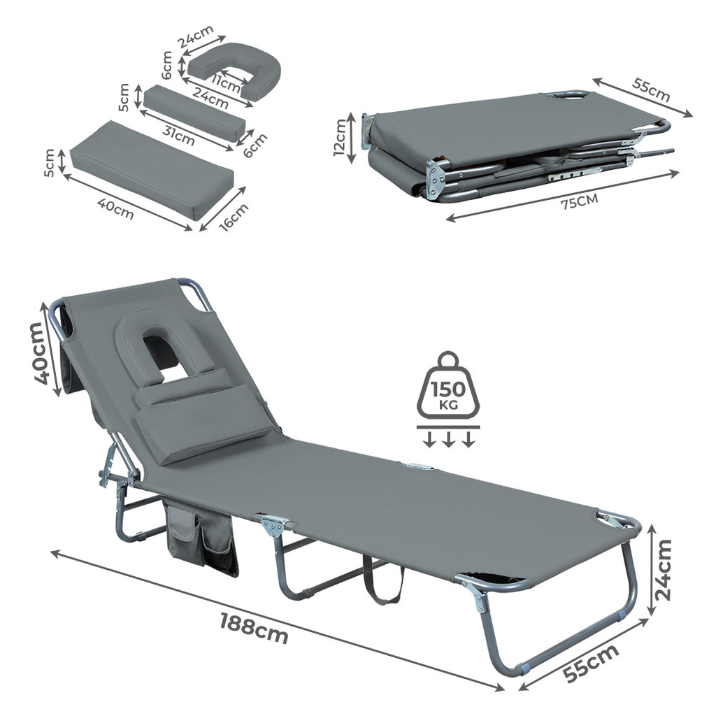 Levede Foldable Beach Lounge Chairs with Face Hole Grey-1954802423352659970