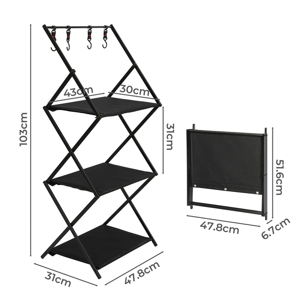 Levede Foldable Camping Storage Shelves 3 Layer with Hooks Black-1954802656971198466