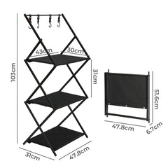 Levede Foldable Camping Storage Shelves 3 Layer with Hooks Black-1954802656971198466