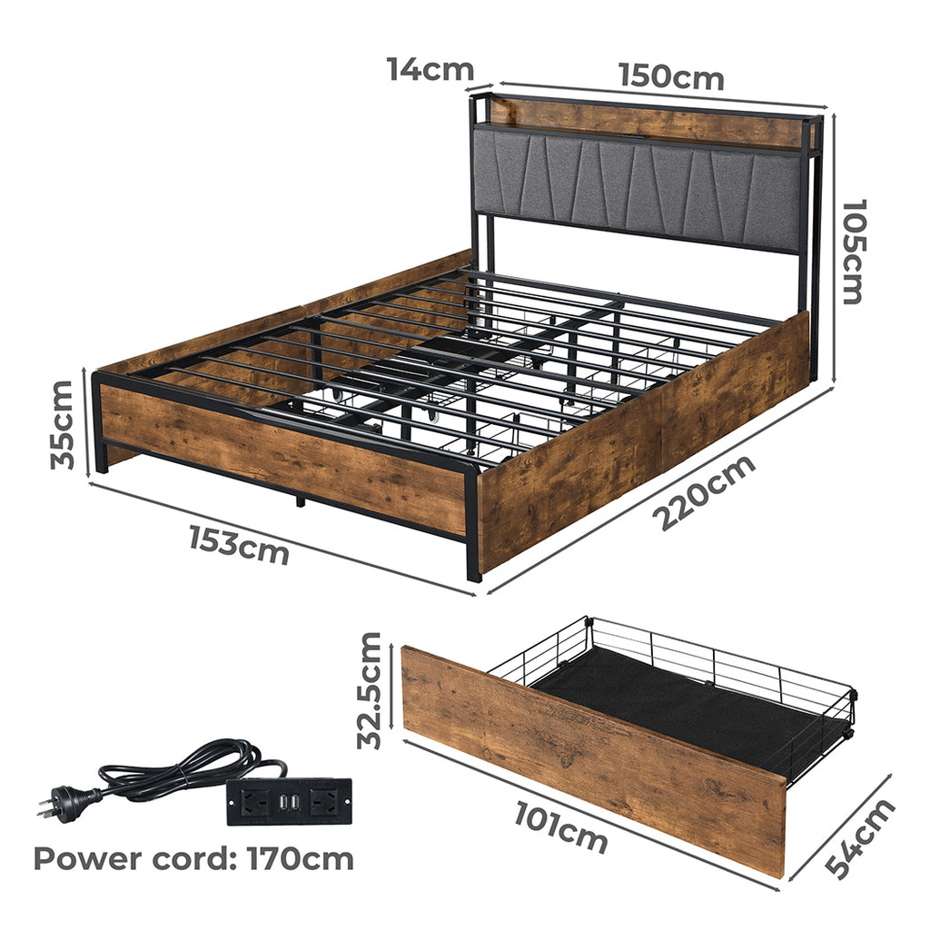 Levede Queen Bed Frame Soft Storage Drawers Headboard USB Charge-1954802934449573890
