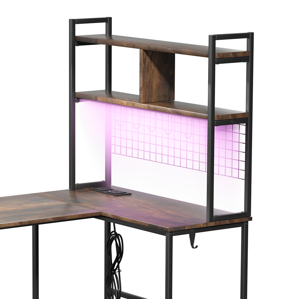 Levede L Shaped Gaming Desk with LED Lights Brown-1954802382403670019