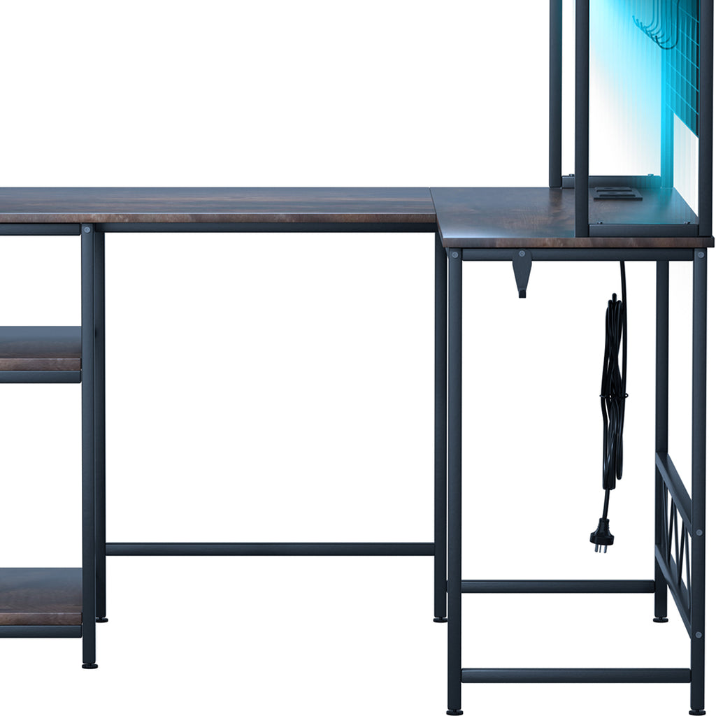 Levede L Shaped Gaming Desk with LED Lights Brown-1954802382403670020