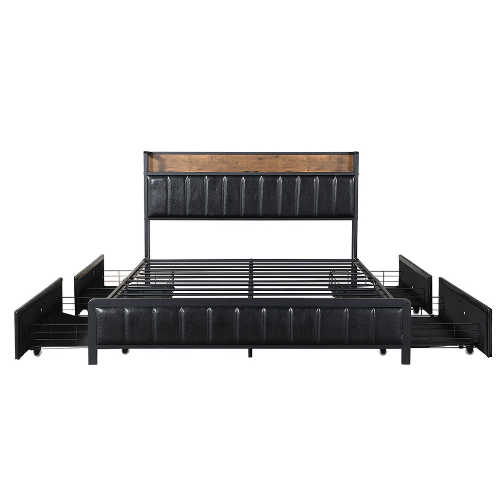 Levede Queen Bed Frame PU 4 Drawer USB Charge-1954802934239858692