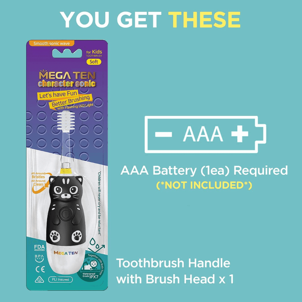 MEGA TEN 360-Degree Kids Electric Toothbrush with LED Light 4Yrs+ Black Cat-1954803151374782469