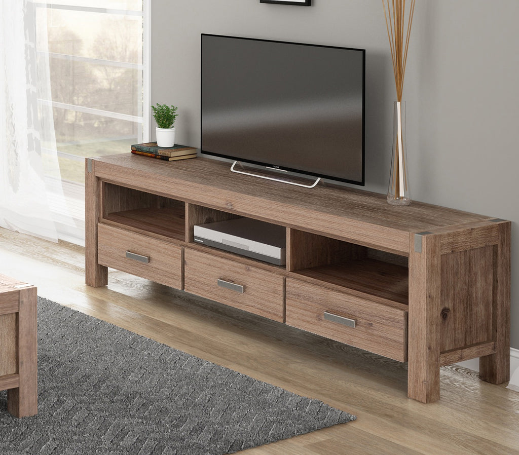 TV Cabinet with 3 Storage Drawers with Shelf Solid Acacia Wooden Frame Entertainment Unit in Oak Colour