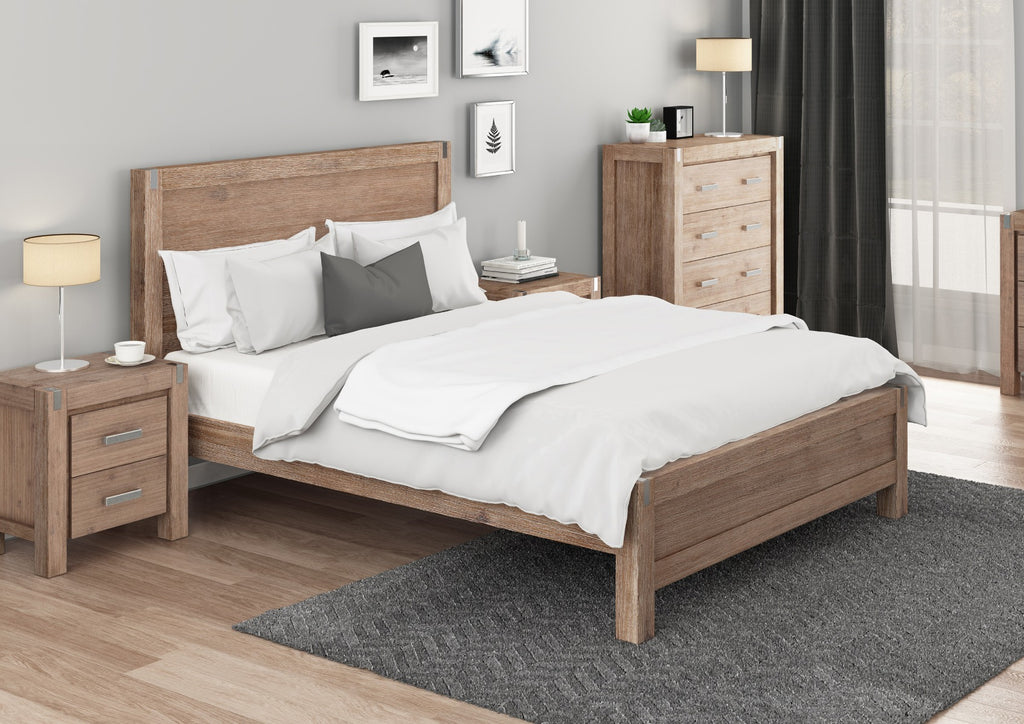 Bed Frame Queen Size in Solid Wood Veneered Acacia Bedroom Timber Slat in Oak