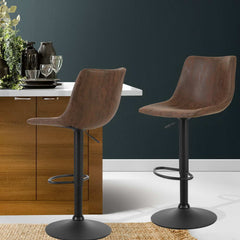 Artiss 2x Bar Stools Vintage Leather Swivel Gas Lift Brown