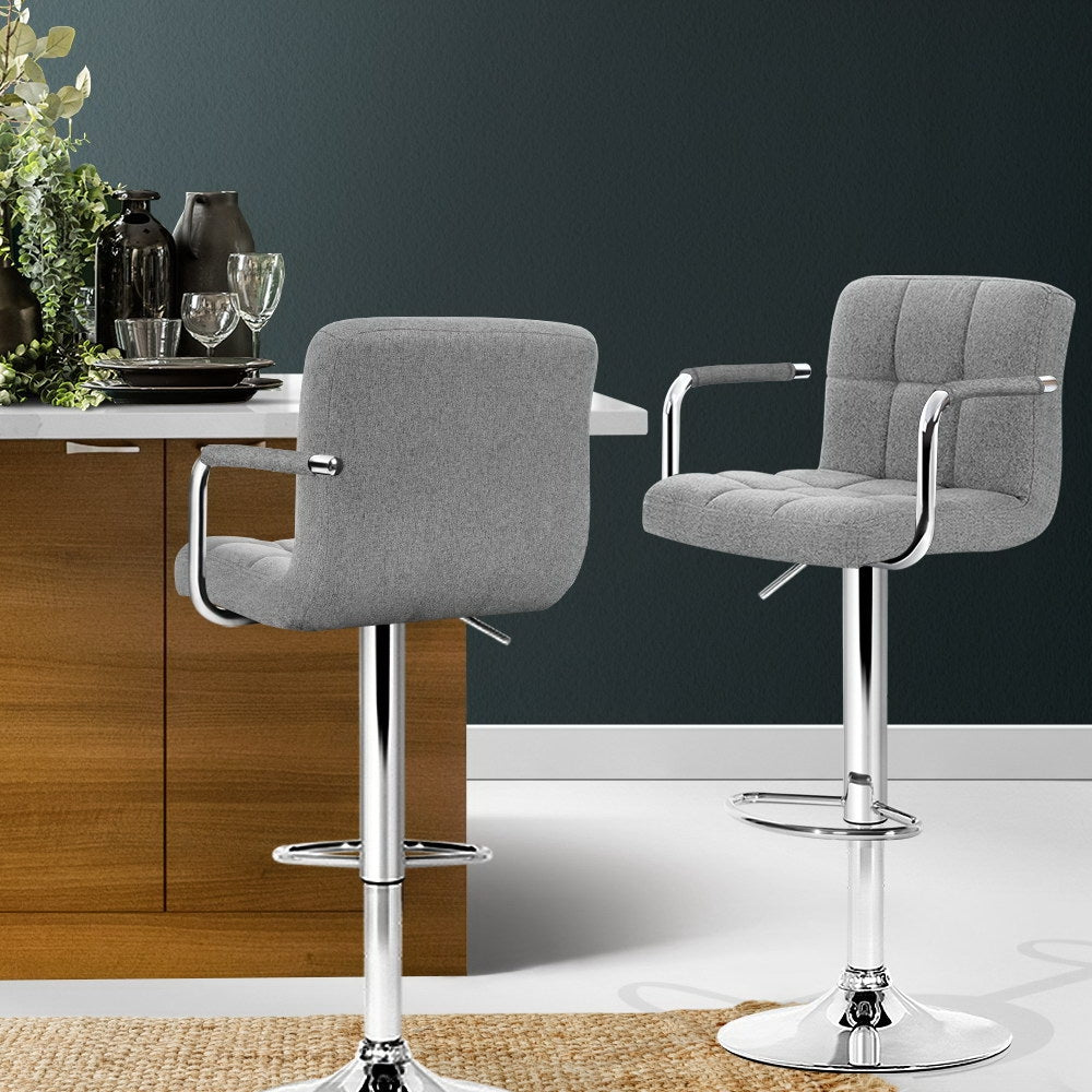 Artiss 2x Bar Stools Fabric Gas Lift w/Armrest Grey