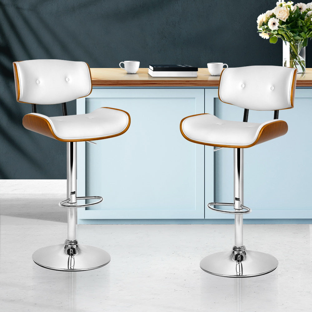 Artiss Set of 2 Wooden Gas Lift Bar Stool - White and Chrome