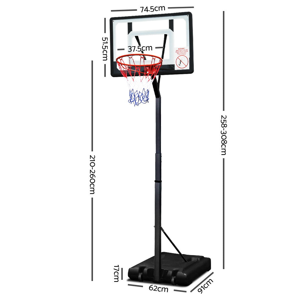 Everfit 2.6M Basketball Hoop Stand System Adjustable Portable Pro Kids Clear