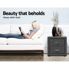 Artiss Bedside Table 2 Drawers Fabric - CADEN Grey