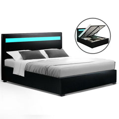 Artiss Bed Frame Double Size LED Gas Lift Black COLE