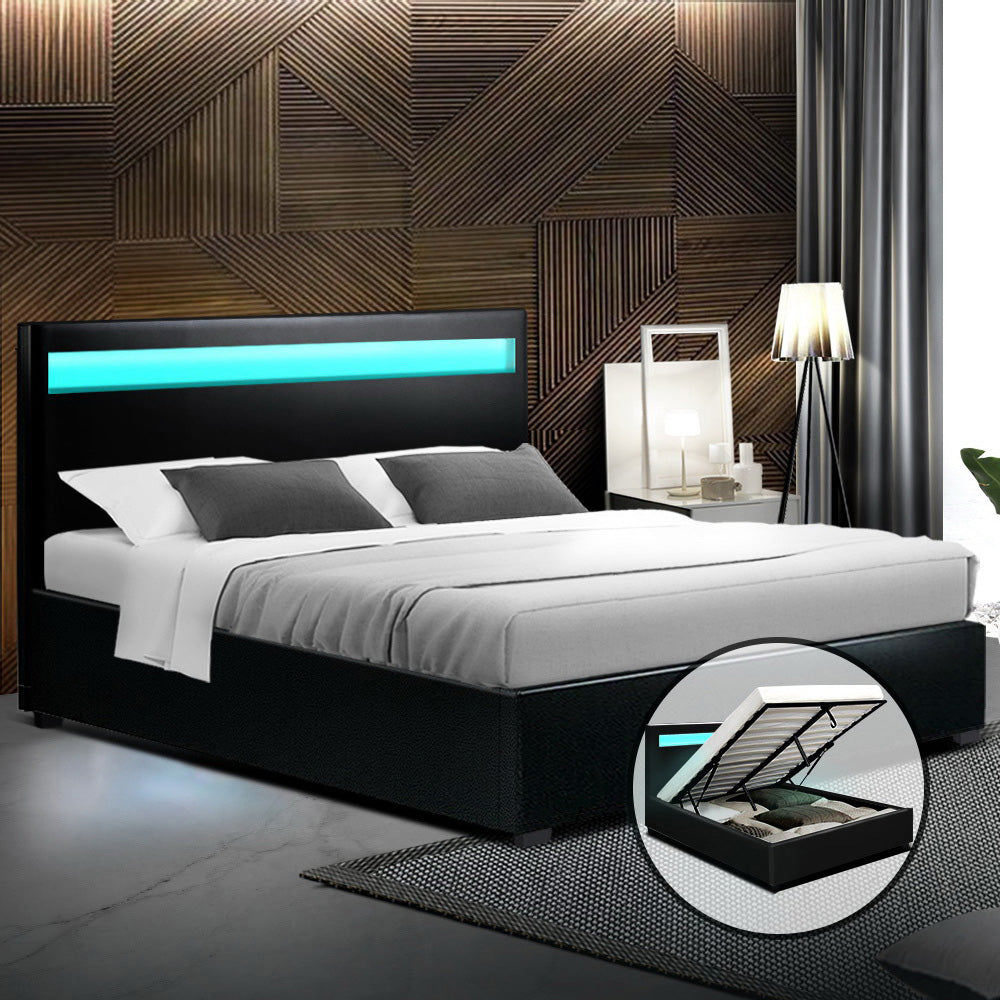 Artiss Bed Frame Double Size LED Gas Lift Black COLE