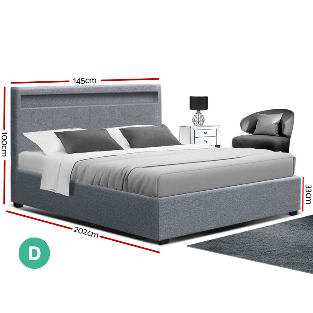 Artiss Bed Frame Double Size LED Gas Lift Grey COLE
