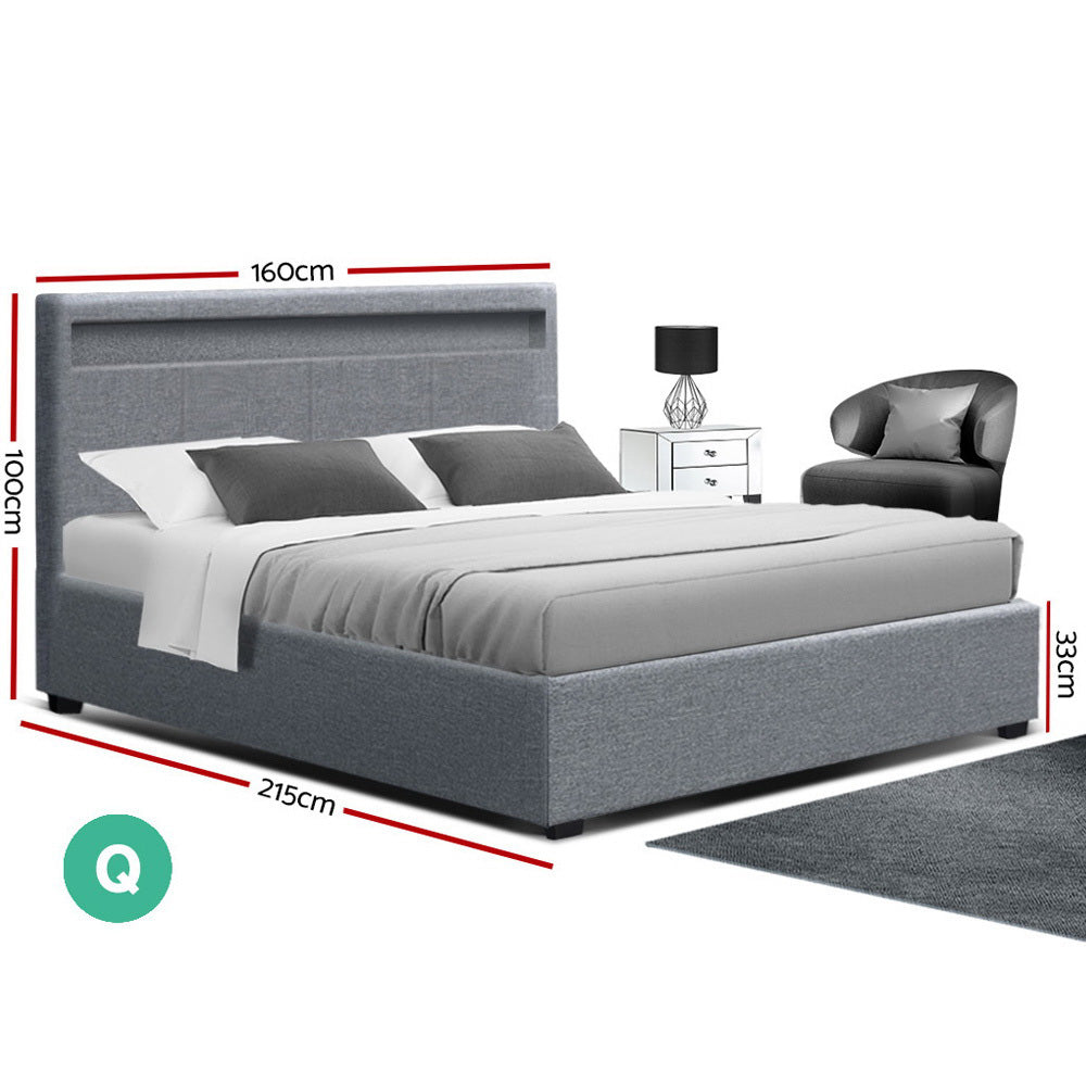 Artiss Bed Frame Queen Size LED Gas Lift Grey COLE