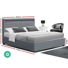 Artiss Bed Frame Queen Size LED Gas Lift Grey COLE