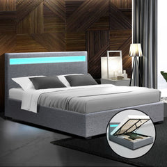 Artiss Bed Frame Queen Size LED Gas Lift Grey COLE