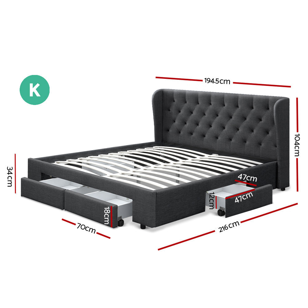Artiss Bed Frame King Size with 4 Drawers Charcoal MILA
