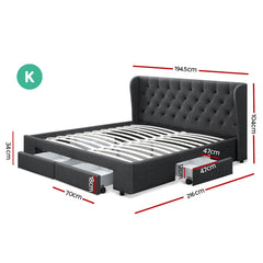 Artiss Bed Frame King Size with 4 Drawers Charcoal MILA