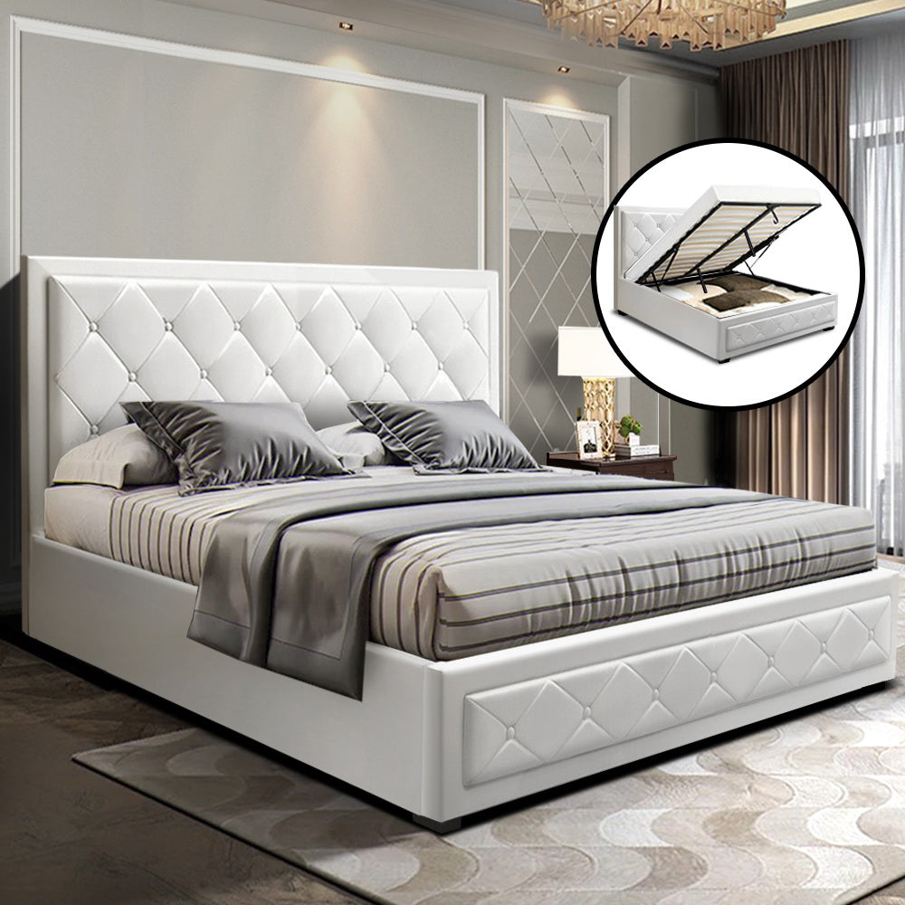 Artiss Bed Frame Queen Size Gas Lift White TIYO