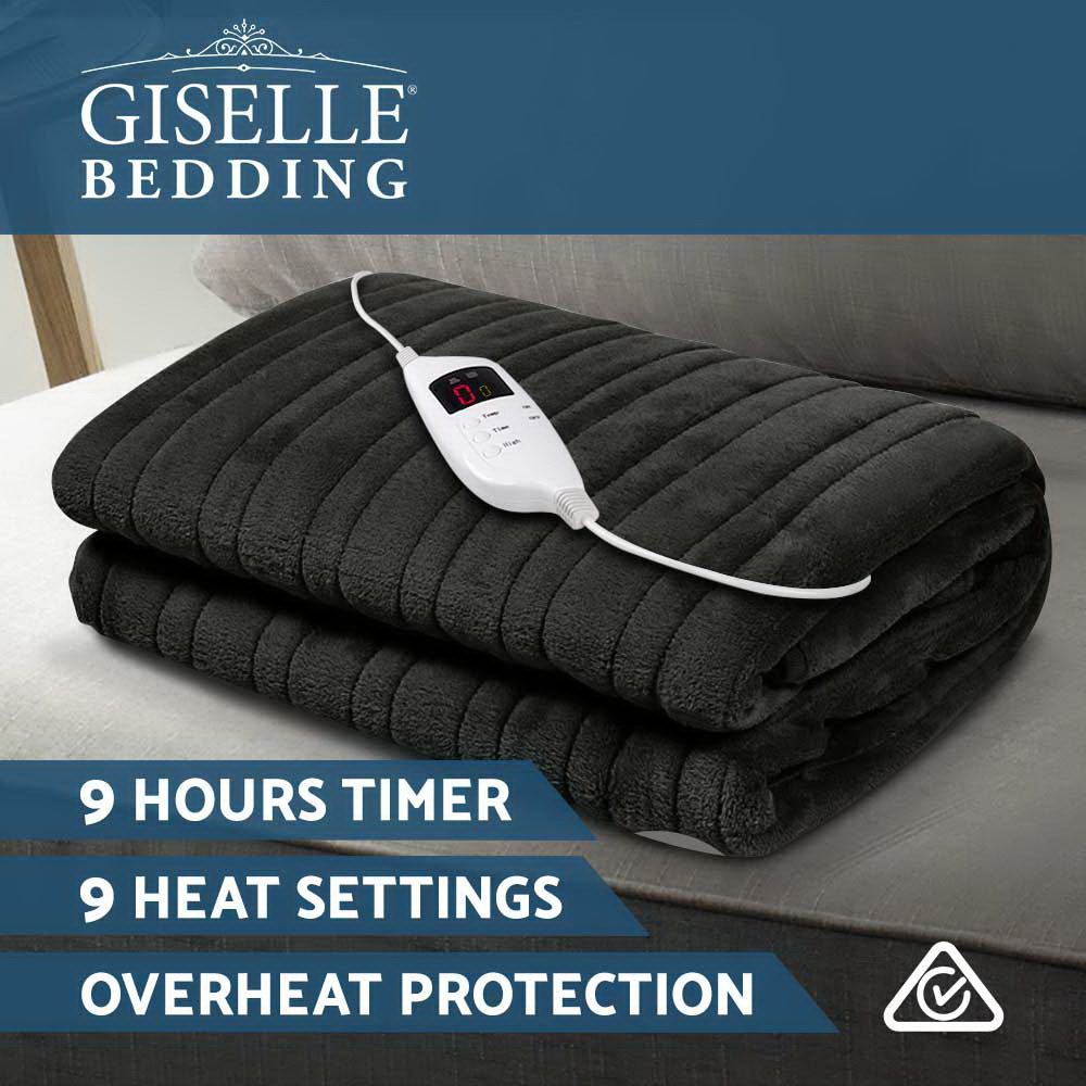 Giselle Bedding Heated Electric Throw Rug Fleece Sunggle Blanket Washable Charcoal