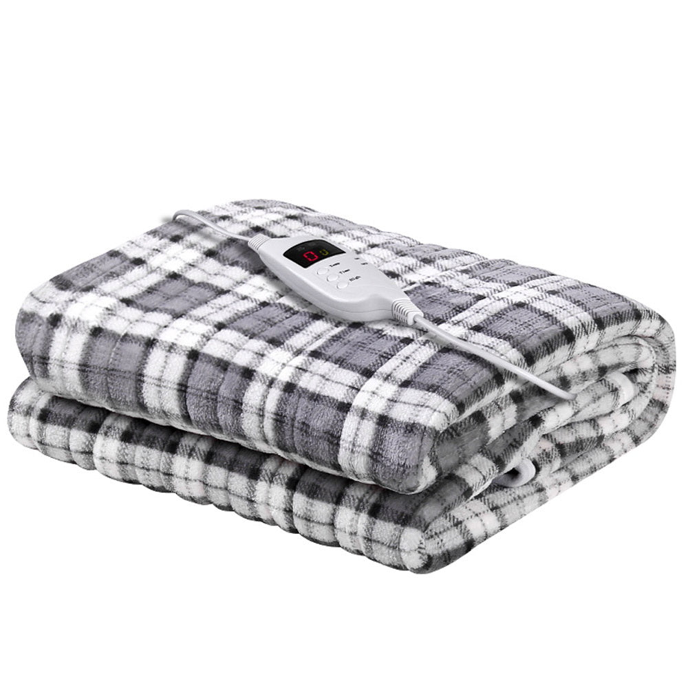 Giselle Bedding Electric Throw Rug Flannel Snuggle Blanket Washable Heated Grey and White Checkered