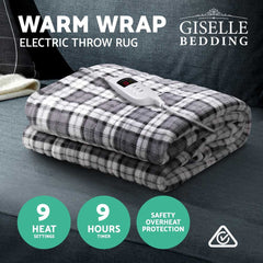 Giselle Bedding Electric Throw Rug Flannel Snuggle Blanket Washable Heated Grey and White Checkered