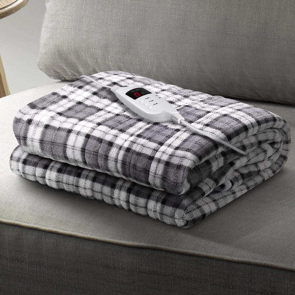 Giselle Bedding Electric Throw Rug Flannel Snuggle Blanket Washable Heated Grey and White Checkered