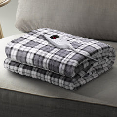 Giselle Bedding Electric Throw Rug Flannel Snuggle Blanket Washable Heated Grey and White Checkered