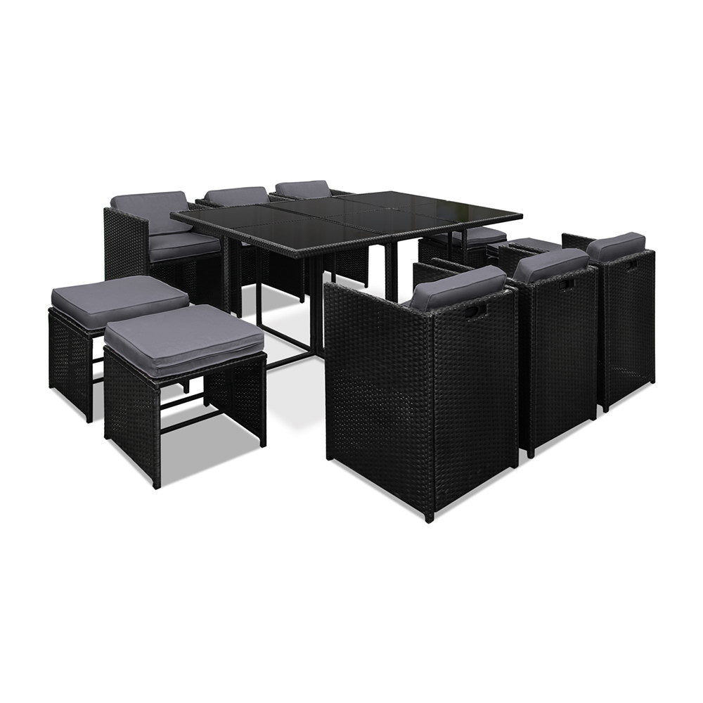 Gardeon Outdoor Dining Set 11 Piece Wicker Table Chairs Setting Black