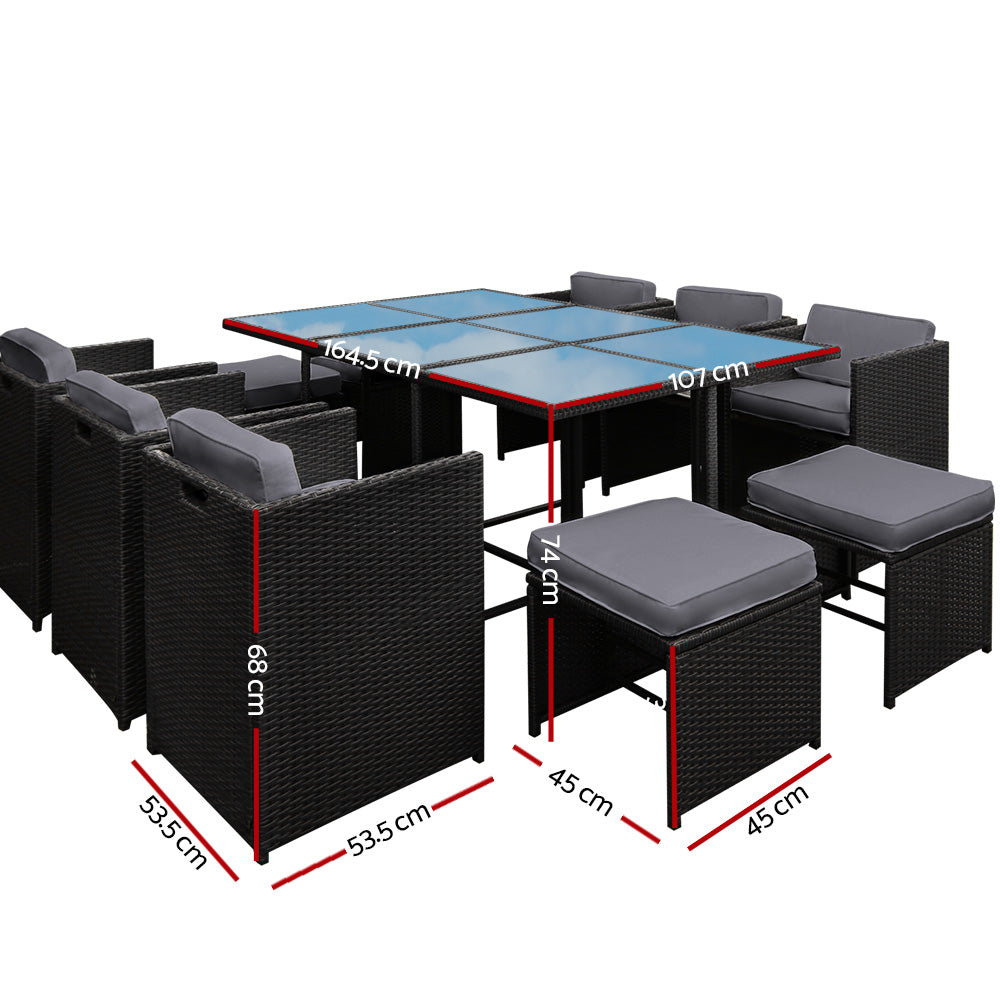 Gardeon Outdoor Dining Set 11 Piece Wicker Table Chairs Setting Black