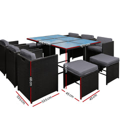 Gardeon Outdoor Dining Set 11 Piece Wicker Table Chairs Setting Black