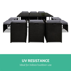 Gardeon Outdoor Dining Set 11 Piece Wicker Table Chairs Setting Black