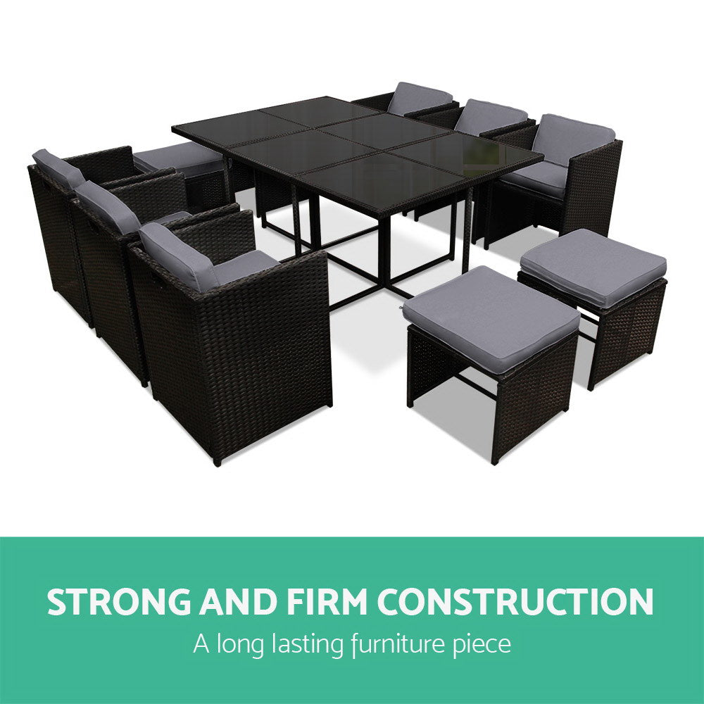 Gardeon Outdoor Dining Set 11 Piece Wicker Table Chairs Setting Black