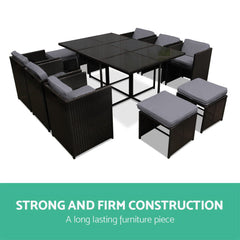 Gardeon Outdoor Dining Set 11 Piece Wicker Table Chairs Setting Black