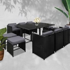 Gardeon Outdoor Dining Set 11 Piece Wicker Table Chairs Setting Black