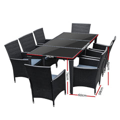Gardeon Outdoor Dining Set 9 Piece Wicker Lounge Setting Black