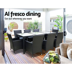 Gardeon Outdoor Dining Set 9 Piece Wicker Lounge Setting Black