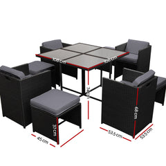 Gardeon Outdoor Dining Set 9 Piece Wicker Table Chairs Setting Black