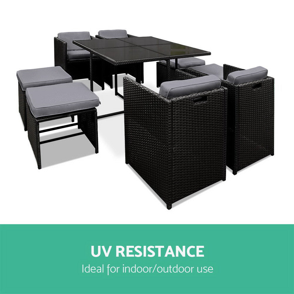 Gardeon Outdoor Dining Set 9 Piece Wicker Table Chairs Setting Black