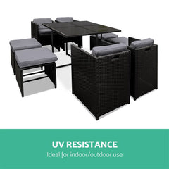 Gardeon Outdoor Dining Set 9 Piece Wicker Table Chairs Setting Black