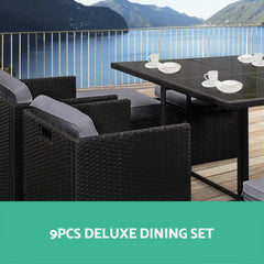 Gardeon Outdoor Dining Set 9 Piece Wicker Table Chairs Setting Black
