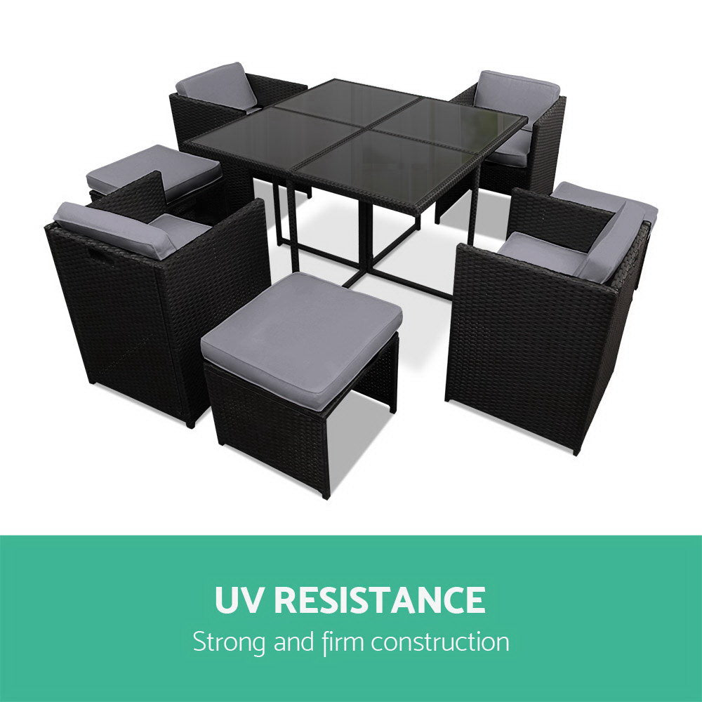 Gardeon Outdoor Dining Set 9 Piece Wicker Table Chairs Setting Black