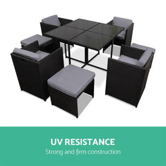 Gardeon Outdoor Dining Set 9 Piece Wicker Table Chairs Setting Black