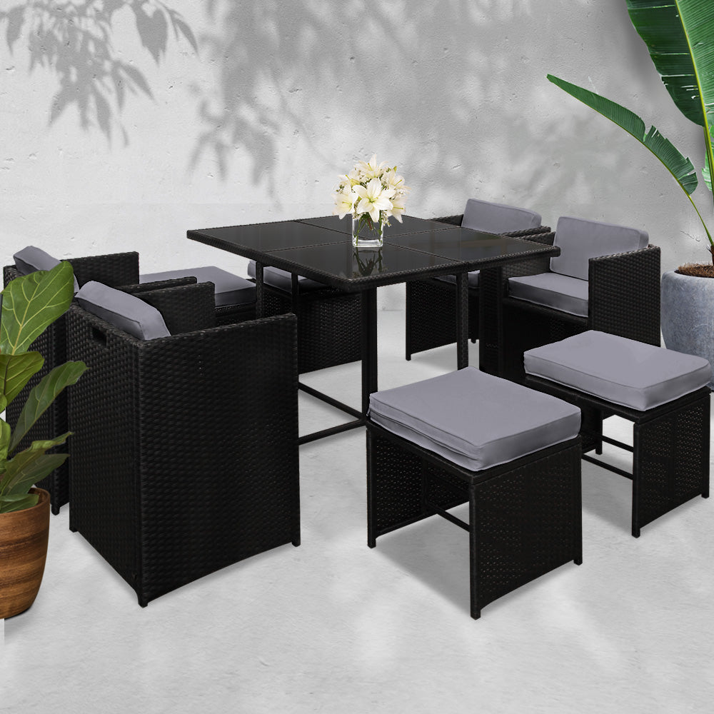 Gardeon Outdoor Dining Set 9 Piece Wicker Table Chairs Setting Black