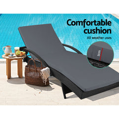 Gardeon Sun Lounge Wicker Lounger Outdoor Furniture Beach Chair Patio Adjustable Cushion Black