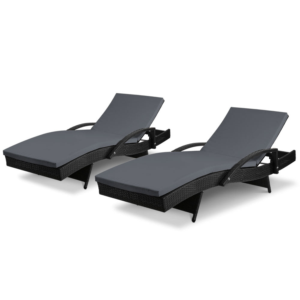 Gardeon 2PC Sun Lounge Wicker Lounger Outdoor Furniture Beach Chair Patio Adjustable Cushion Black