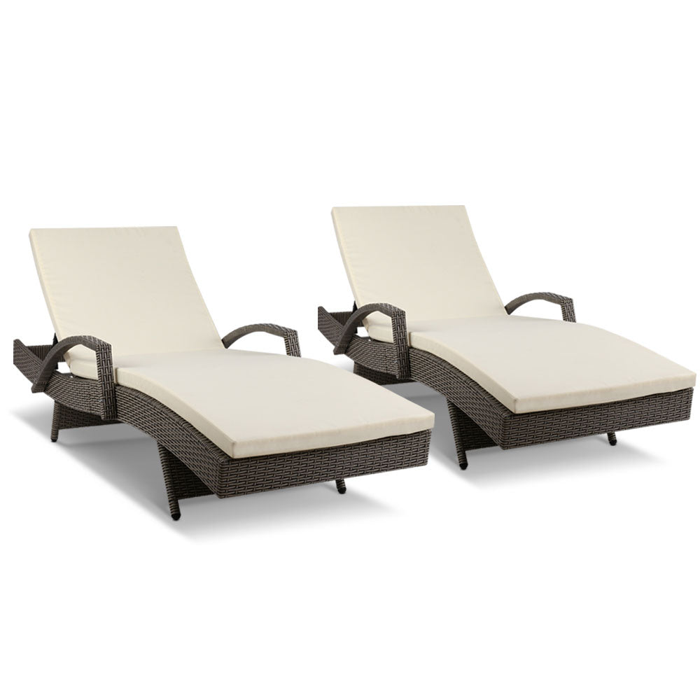 Gardeon 2PC Sun Lounge Wicker Lounger Outdoor Furniture Beach Chair Adjustable Cushion Grey&Beige